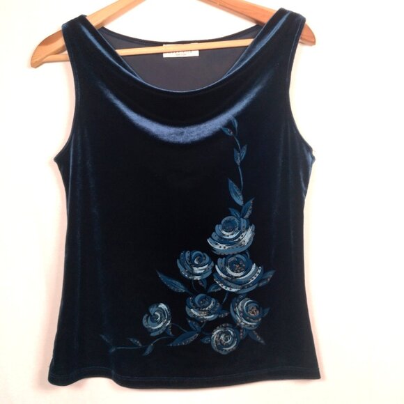 Maria Gabrielle Shirt Medium Blue Velour Tank Top Draped Beaded Roses Vtg Y2K - Picture 1 of 7